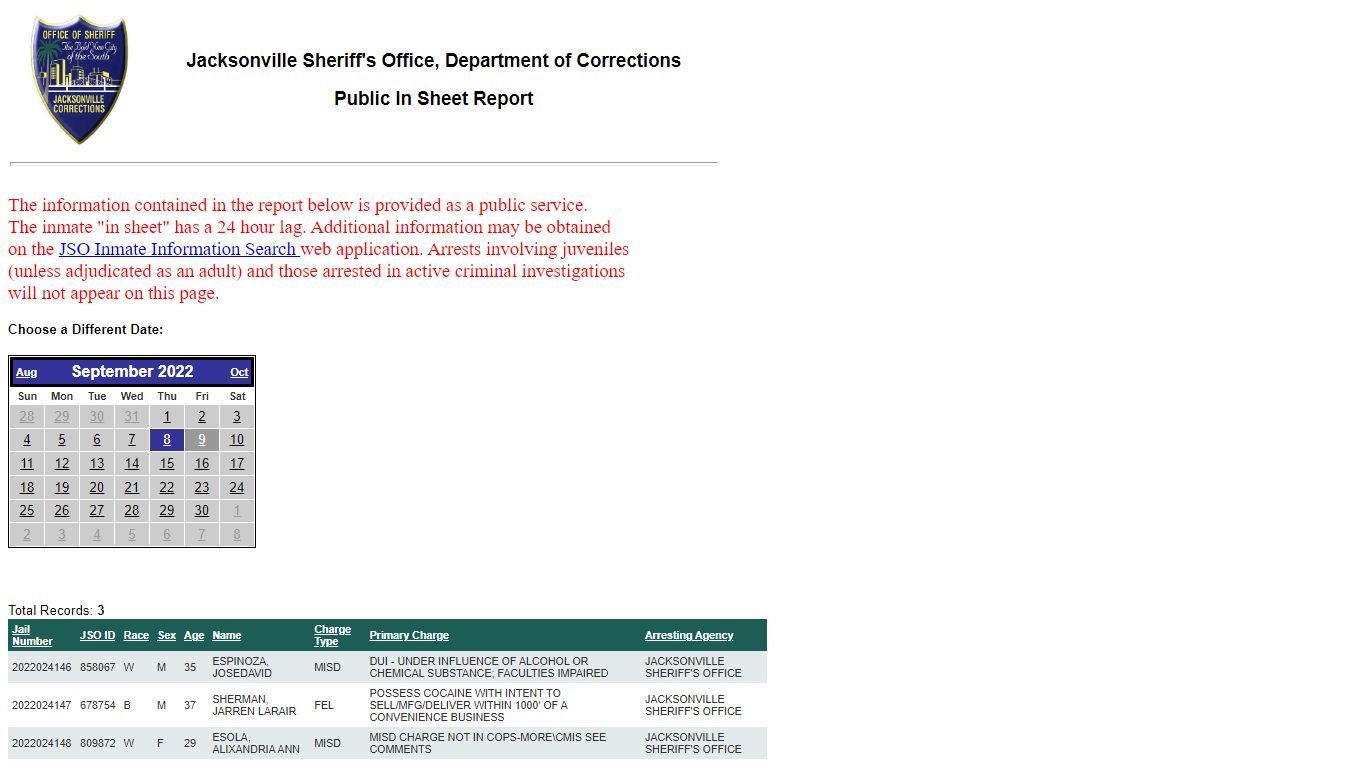 JSO Inmate Information Search